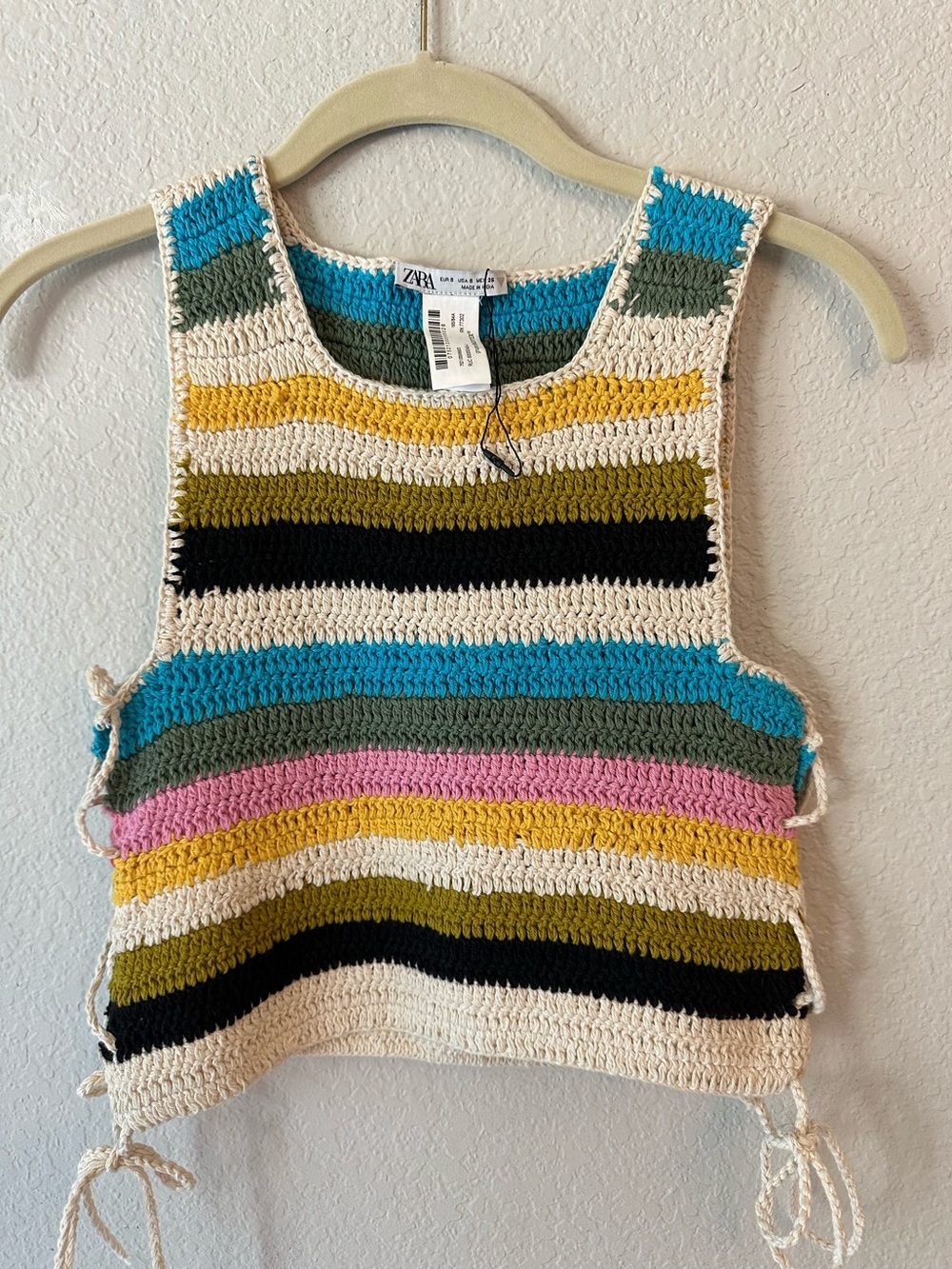 ZARA Crochet Knit Crop Tank Multicolor Striped Side Tie Boho Festival Top